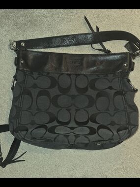 Coach Black Signature Canvas Shoulder Bag with Leather Accent